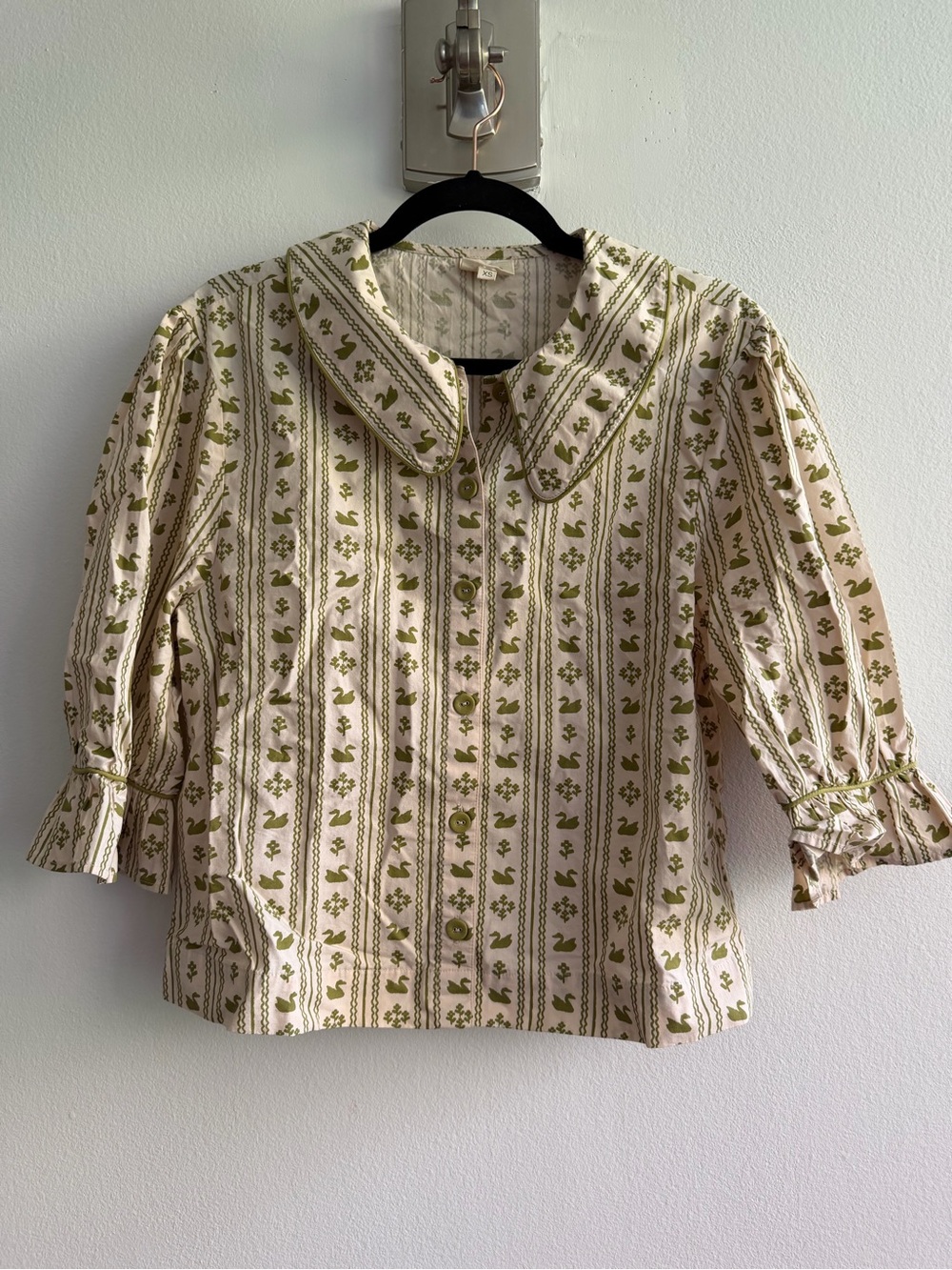 Women's Cream and Olive Printed Button-Front Blouse
